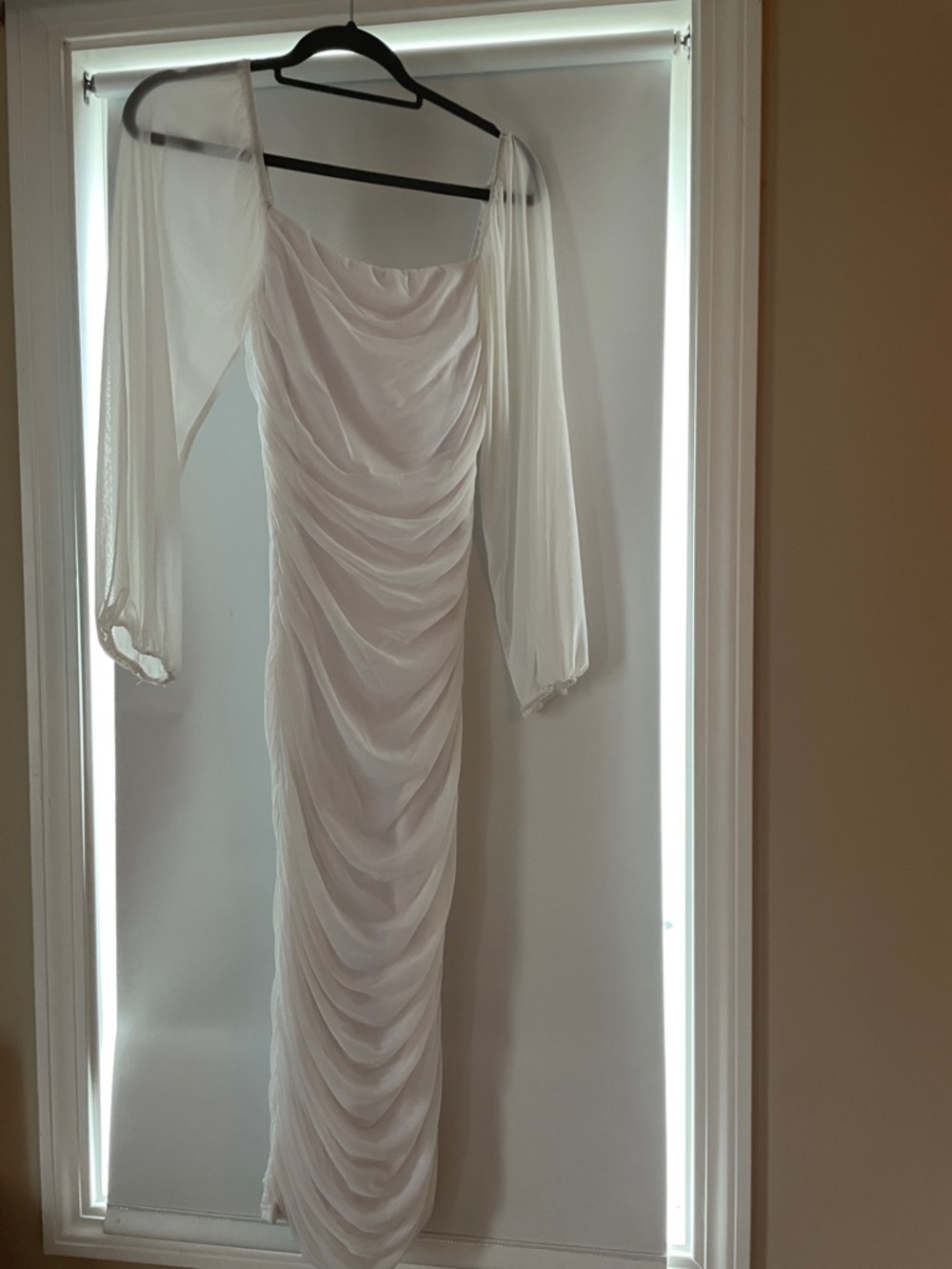 Fashion Nova White Long-Sleeve Ruched Sheer Maxi Dress